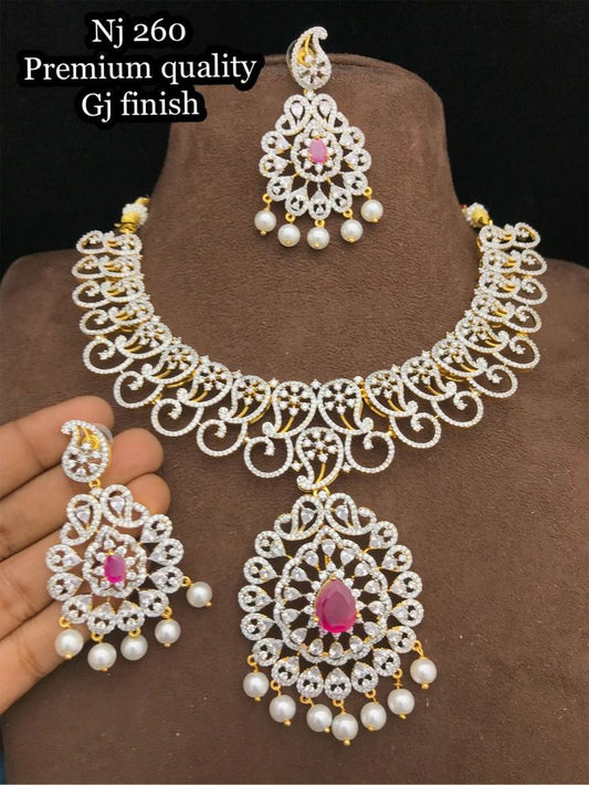 Ruby Pink CZ Necklace with AD Jhumka Silver Tone Gold Plated Necklace set