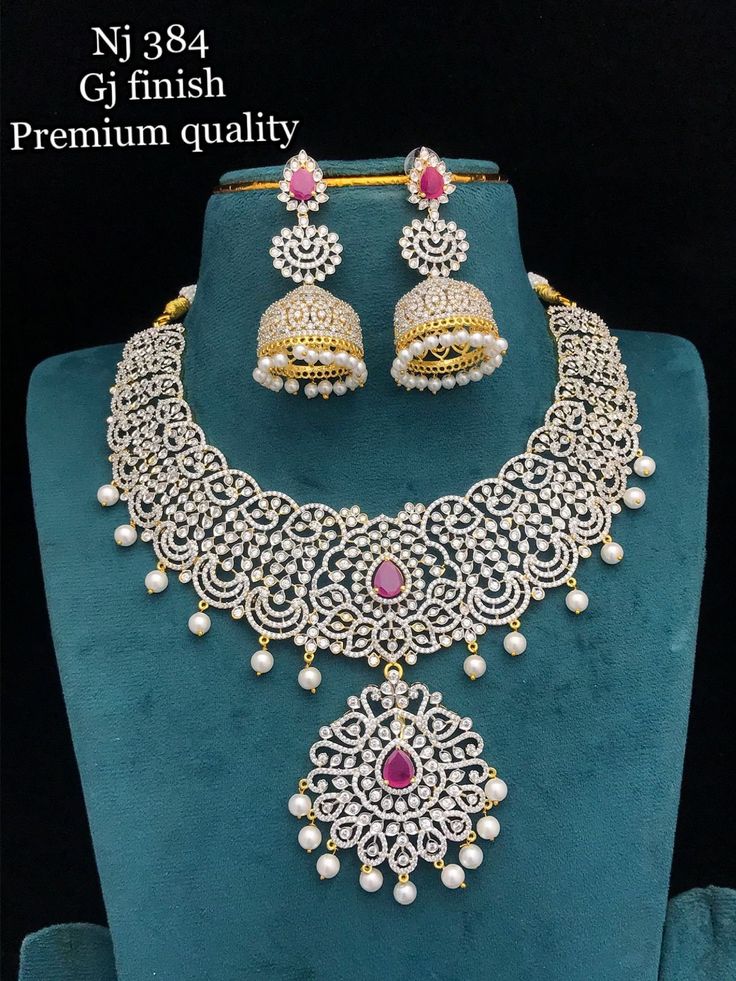 Ruby Pink CZ Necklace with AD Jhumka Silver Tone Gold Plated Necklace set