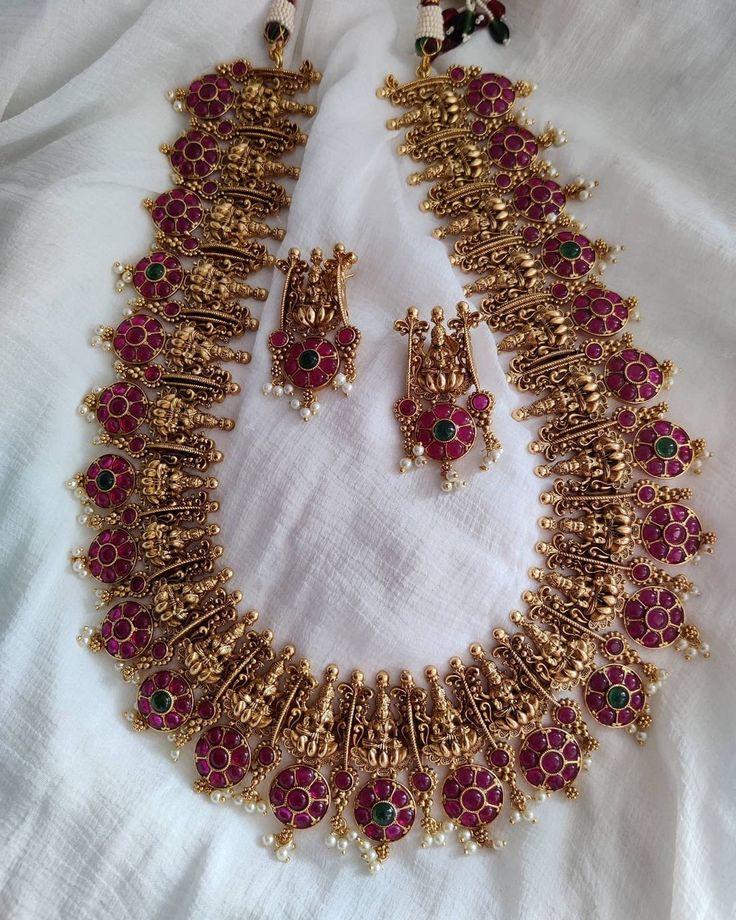 Beautiful Mahalakshmi Haram In Red Stones