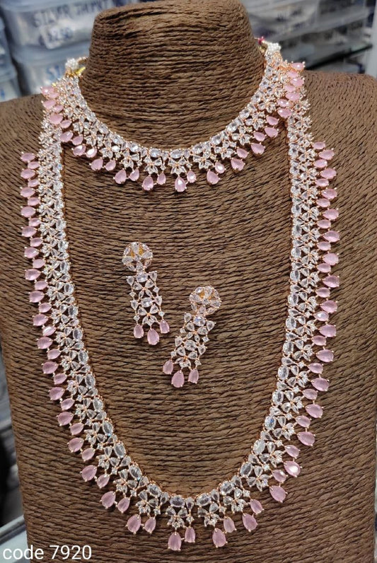 Rose Gold /Silver Plated American DIAMOND, Long Double Haram NECKLACE set